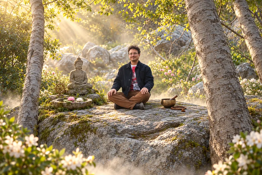 A practitioner meditating on a mossy rock beside a Buddha statue in a birch grove