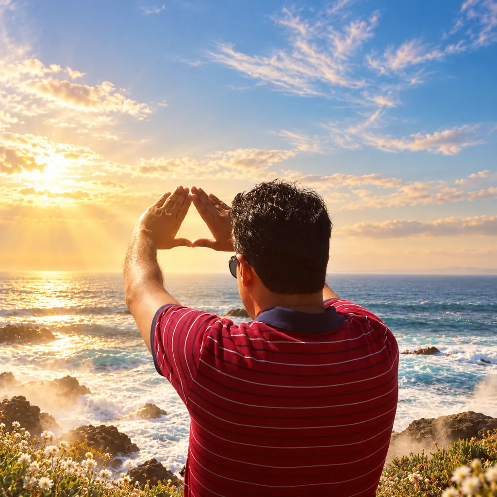A practitioner framing the rising sun over the ocean with a heart made of both hands