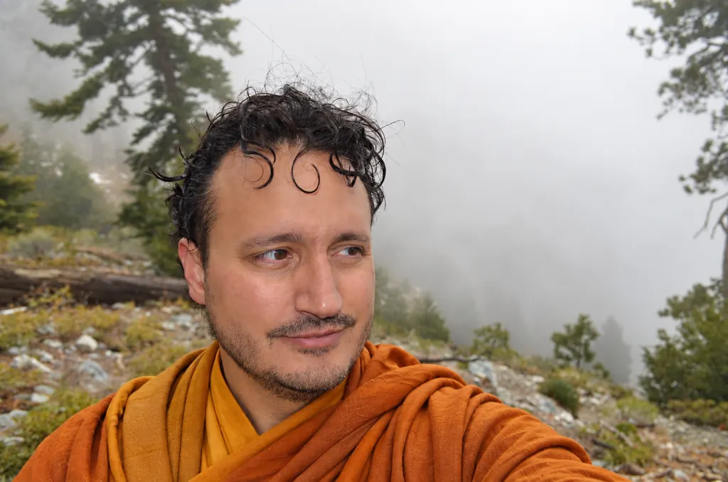A practitioner in a saffron robe on a misty forest mountainside