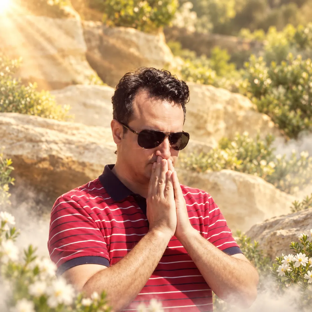 A practitioner with hands pressed together in prayer on a sunlit hillside