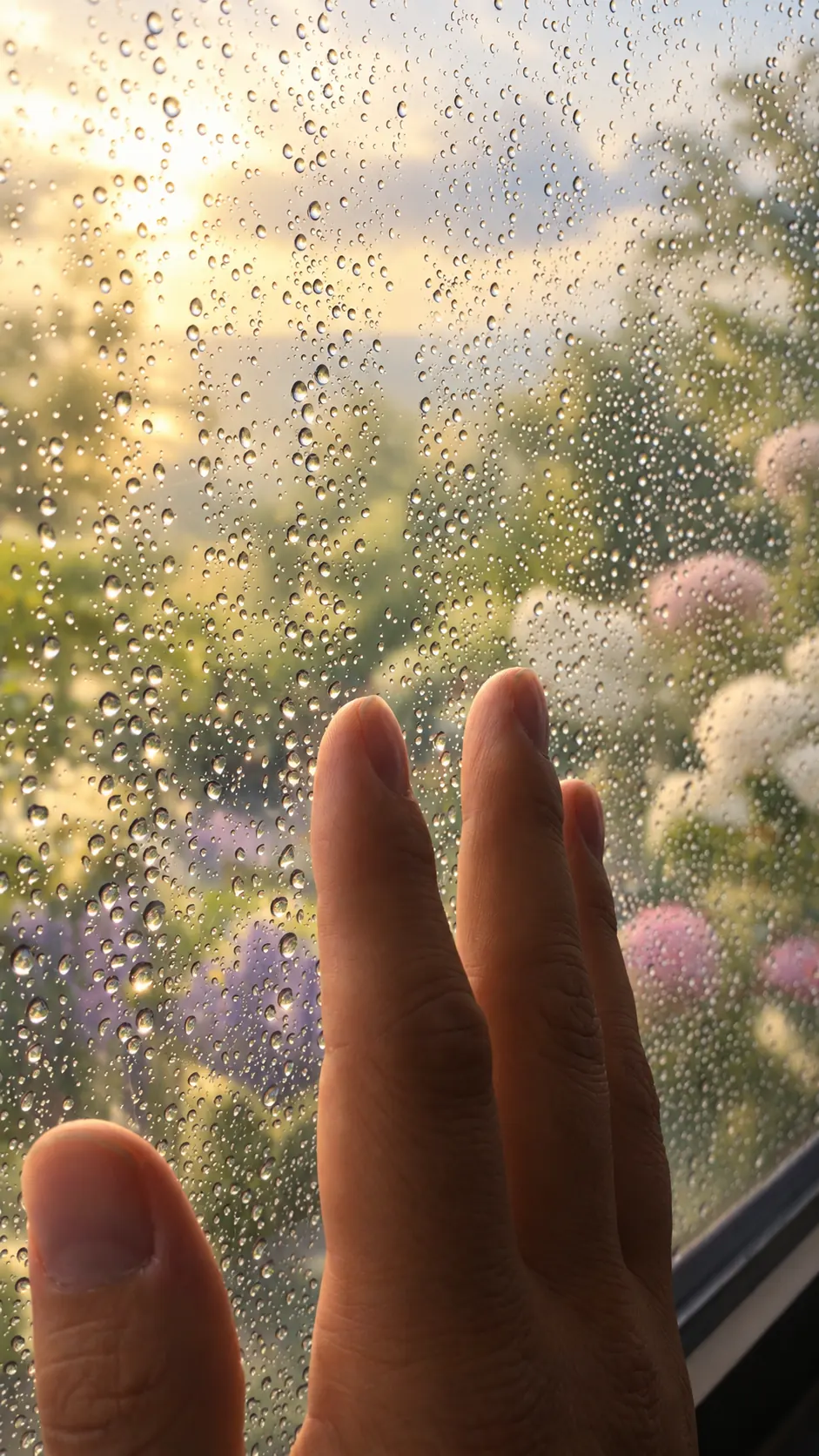 A hand resting on a rain-beaded window overlooking a flowering garden