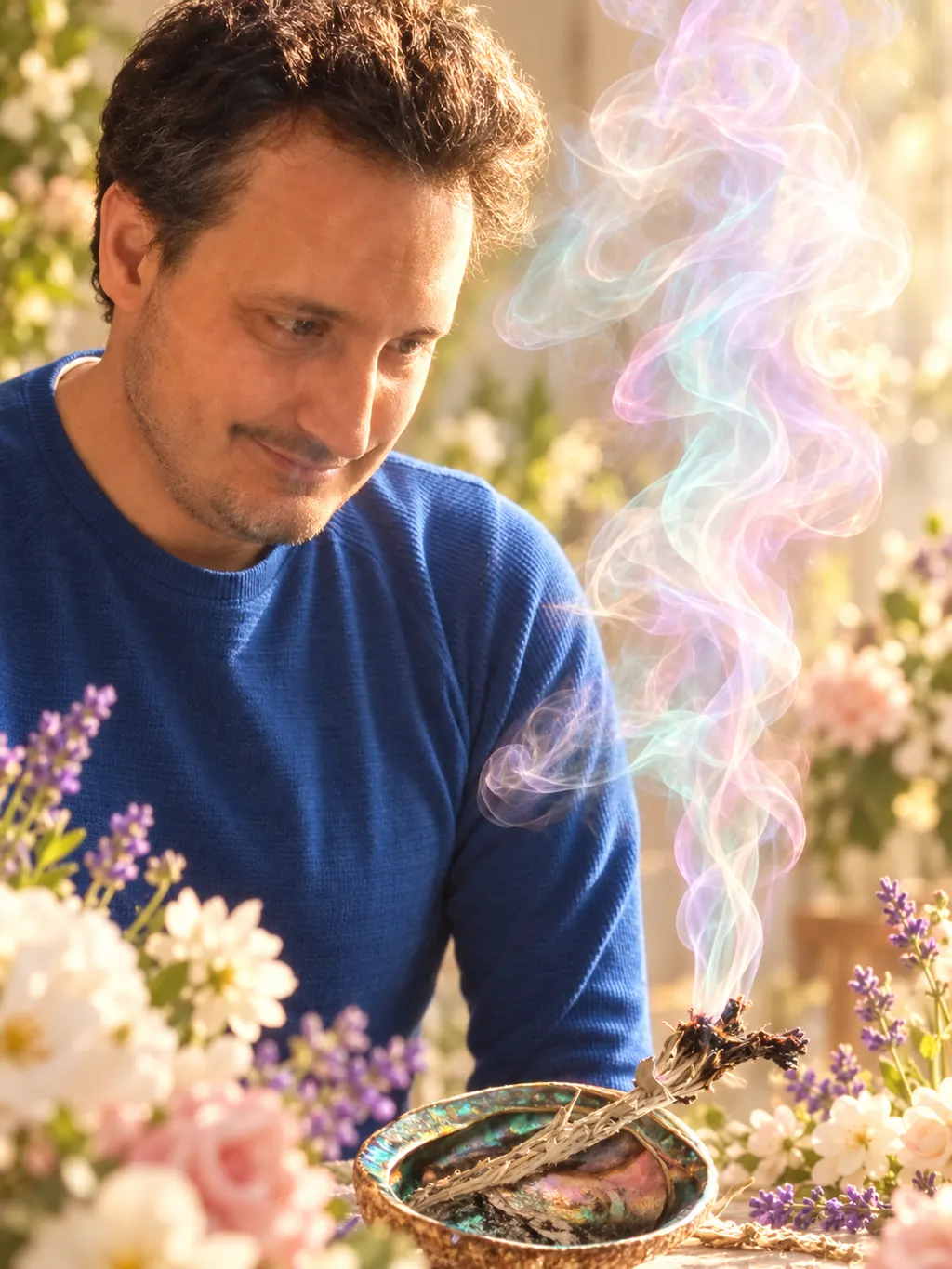 A practitioner beside a smoking smudge shell among spring flowers